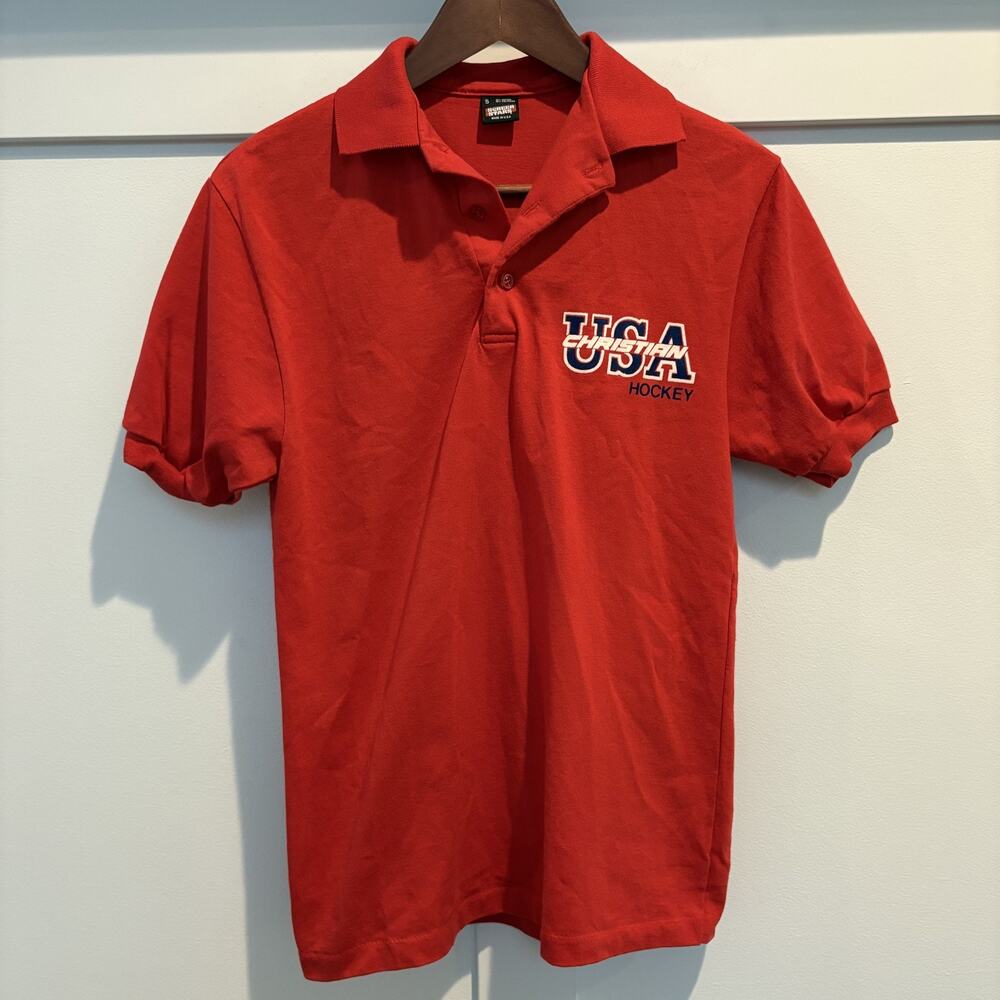 Vintage 80s USA Christian Hockey Polo Shirt Small Red Screen‎ Stars Made in USA